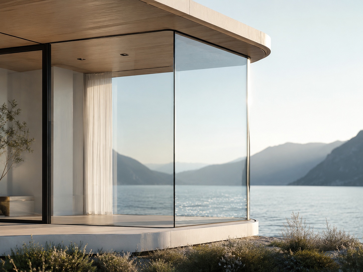 Panoramic glass facade near water